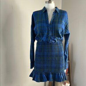 Bebe Blue and Green Plaid Smocked Cotton Mini Dress with ruffle skirt size S